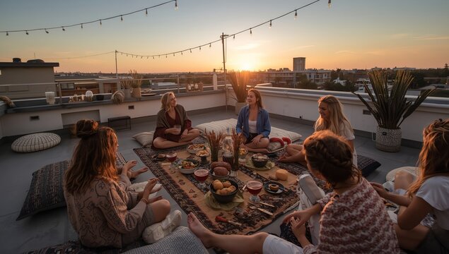 Group of women dining at sunset on rooftop