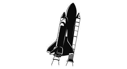 a striking black and white depiction showcases a space shuttle launching upwards rendered in a clean and bold silhouette design © mrvect02
