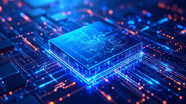 A vibrant, close-up of a central processing unit on a digital circuit board, with blue and orange bokeh