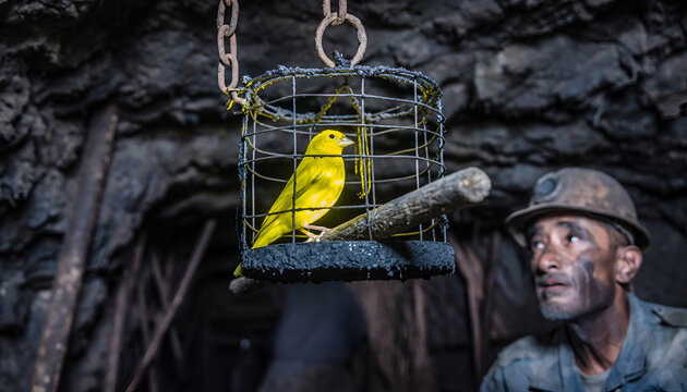 Miner with Canary in Coal Mine.