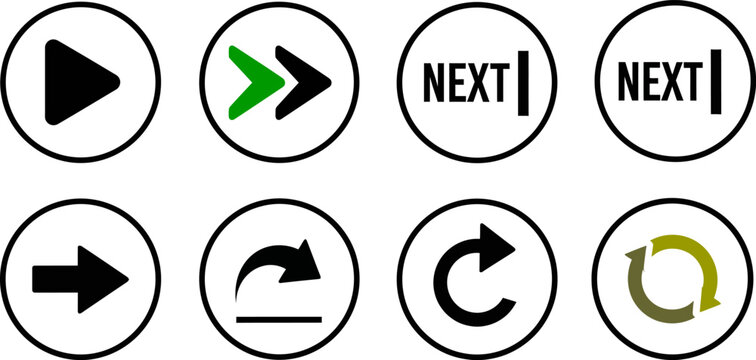Set of essential navigation and action icons including next reload arrow and playback buttons in circular frames
