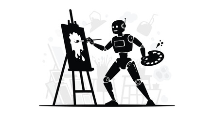 a robotic figure stands before an easel diligently painting a portrait with artistic flair presented as a striking silhouette high quality © mrvect02