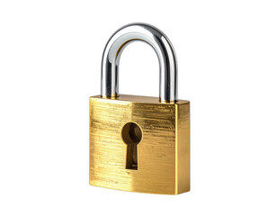 Naklejka premium A close-up of a classic brass padlock, isolated with a shiny chrome shackle on a black background