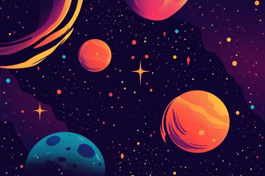 Retro style cosmic art showcasing planets and stars in a unique abstract space scene with vibrant colors and shapes