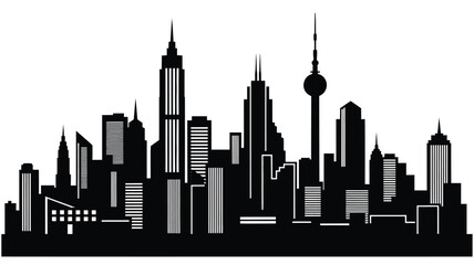 Obraz premium a striking black and white skyline illustration featuring tall buildings and a distinctive silhouette
