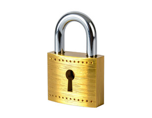 Naklejka premium Close-up studio shot of a shiny brass padlock with a silver shackle, isolated on black