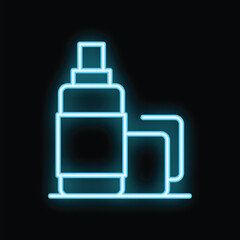 Obraz premium Neon sign of a thermos and two mugs glowing blue, perfect for representing hot drinks