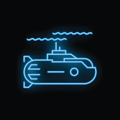 Fototapeta premium Blue neon icon of a submarine emitting smoke while navigating dark waters, perfect for projects related to underwater exploration