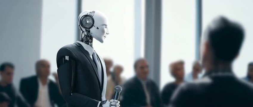 A futuristic robot wearing a suit speaks into a microphone during a professional presentation, symbolizing artificial intelligence, innovation, and the future of business communication.