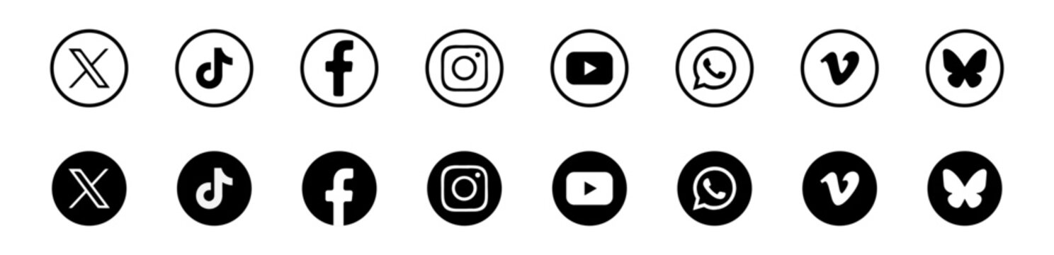 Social media logo icons flat and outline style. Facebook, Instagram, X, TikTok, YouTube, Vimeo, WhatsApp & BlueSky. 2026 new updated vector circle button set