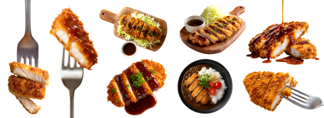 Set of pork chicken katsu tonkatsu breaded Deep-fried meat cutlet, fork, with curry sauce, serving wooden board, stack pile slice broken bite, transparent cutout PNG. Many different style mockup