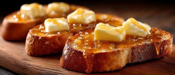 Delicious Toast with Butter and Honey Drizzled on Rustic Wooden Surface