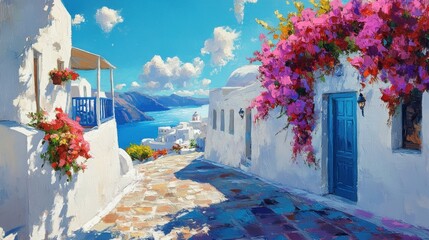 Fototapeta premium Watercolor of Traditional greek Santorini house with bougainvillea flowers,Greece islands blue white traditional cafe restaurant architecture,Santorini blue door window,Mediterranean scene.