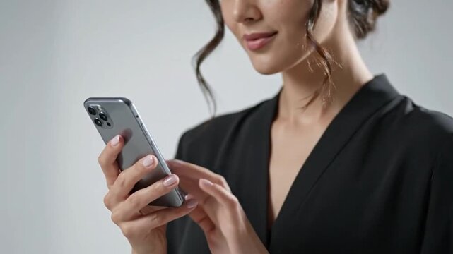 Young woman in black top, looking down at silver phone, touching screen
