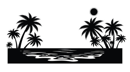 tropical palm trees and ocean scene with a bright sun silhouette