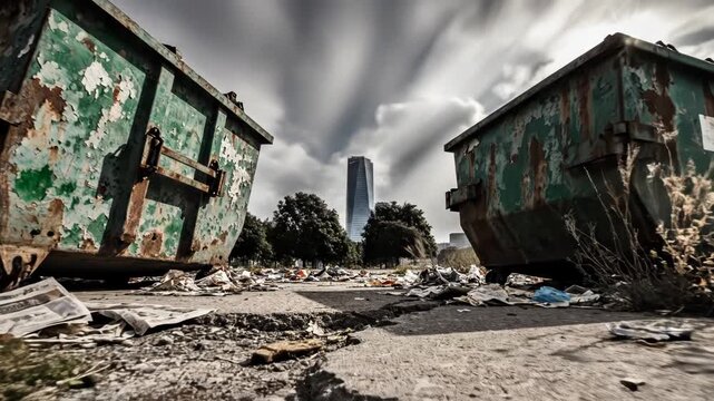 Two green dumpsters on a cracked asphalt road with a city skyline in the background under a cloudy sky with sun rays 4k video