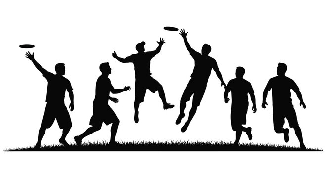 a dynamic group of athletes joyfully playing frisbee outdoors showcasing energetic jumps and throws in a striking visual scene silhouette