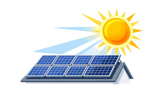 Solar panels on a rooftop with sun and rays