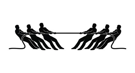 Obraz premium a black and white illustration depicts a group of people engaged in a competitive tug of war game pulling a thick rope with focused energy