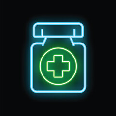 Obraz premium Neon medicine bottle glowing, concept for healthcare, pharmacy store, drug store, pharmaceutical industry