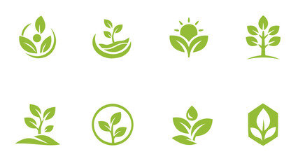 Green eco leaf logo set with sprouts, plants and organic symbols in modern flat style. Great for sustainability branding, natural products, agriculture, bio labels and ecology.