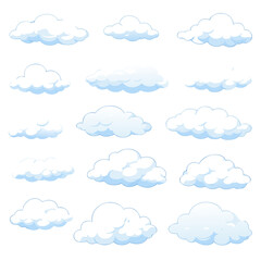 Cartoon fluffy cloud collection with soft blue shading and highlights, isolated on transparent background. Ideal for weather apps, sky scenes, forecasts and kids design.