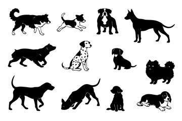 Set of dog silhouettes in different breeds and poses, running, sitting, sniffing and lying. Black and white vector pack for pets, training, adoption, veterinary and walking concepts.