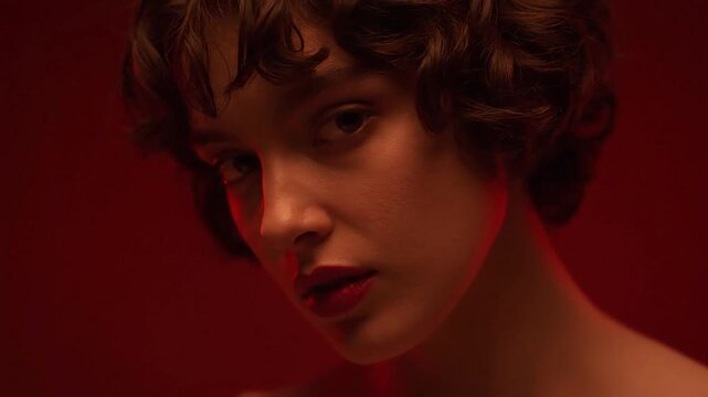 Close-up on a woman's face with curly hair, red lips, and dramatic lighting