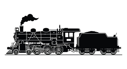 a detailed black and white illustration depicts a vintage steam train showcasing its mechanical components against a clean white background silhouette