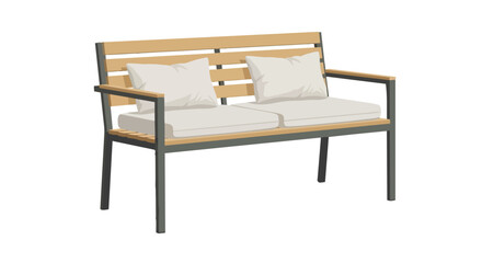 Modern two-seater outdoor bench with wooden slats and cushions, garden patio furniture isolated on white