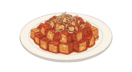 Illustrated plate of crispy fried tofu with savory sauce and fried shallots