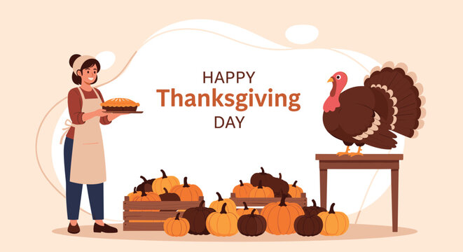 Happy woman prepares for a traditional Thanksgiving celebration, holding a freshly baked pie next to a large turkey and many orange pumpkins.