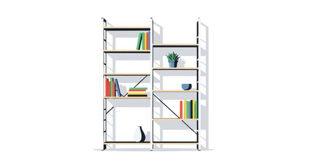 Modern Bookshelf Illustration with Colorful Books and Potted Plant on White Background