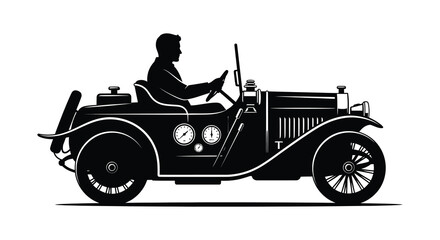 a detailed illustration depicts a classic vintage car with a driver visible in profile rendered in a striking black and white silhouette © mrvect02