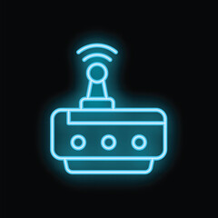 Fototapeta premium Blue glowing neon icon of a wifi router with an antenna emitting a wifi signal