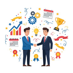 Naklejka premium Two businessmen shaking hands with business growth, idea, calendar, and award icons symbolizing