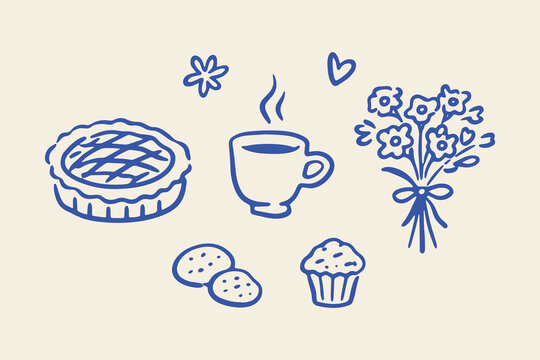 Pie coffee and flowers cozy doodle line art vector illustration