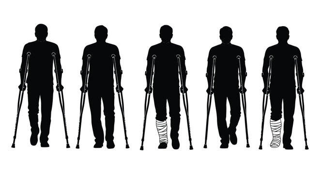 a row of five black human figures depicted in a striking silhouette style each using crutches to assist with mobility and walking