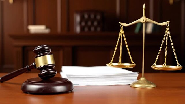 A gavel and scales of justice rest on a wooden desk before a judicial background