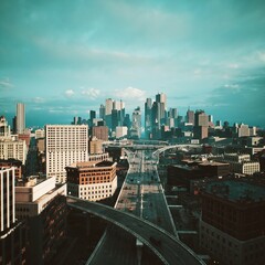 Fototapeta premium Tall buildings stretch towards the sky in a bustling city. Highways weave through the urban landscape. A serene blue sky creates a dynamic backdrop as vehicles move steadily along the roads.