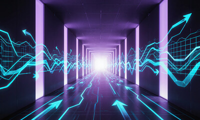 Corridor of Radiant Expansion - Endless tunnel glowing in gradients of lavender and aqua, holographic business graphs flow endlessly along