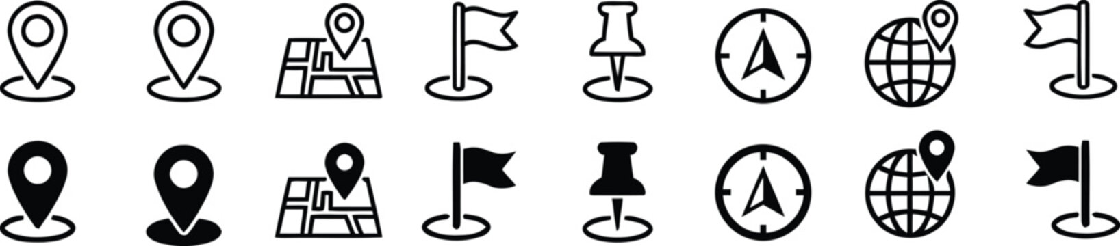 Navigational Icons: A collection of various navigational icons, illustrating diverse elements for navigation, travel, and location-based concepts.