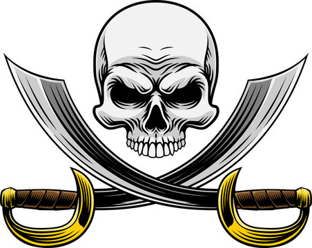 Pirate skull crossbones with crossing sabers or scimitar cutlass pirate swords. In a vintage retro woodcut style.