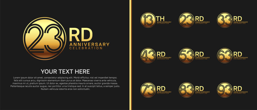 anniversary logo set with circle. gold color on black background for celebration moment