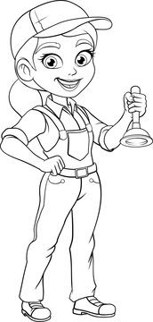 A woman female plumber holding a drain plunger tool builder construction cartoon character mascot.