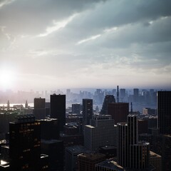 Fototapeta premium As the sun sets behind the urban skyline, a golden light spills over towering buildings. Dark clouds add a sense of drama to the vibrant cityscape rich with life and potential.