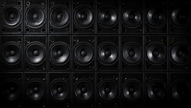 Wall of black speakers audio background