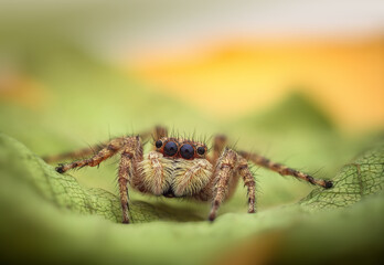 Jumping spider macro closeup shot on a green leaf as nature background
