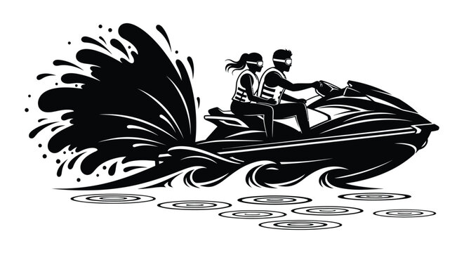 a striking illustration depicting a couple riding a jet ski amidst splashing water and stylized waves rendered as a bold silhouette