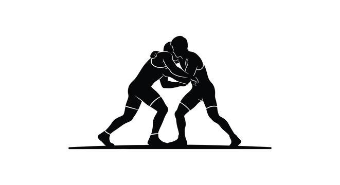 a striking depiction of two wrestlers engaged in a grappling match powerfully illustrated against a stark white background silhouette high quality